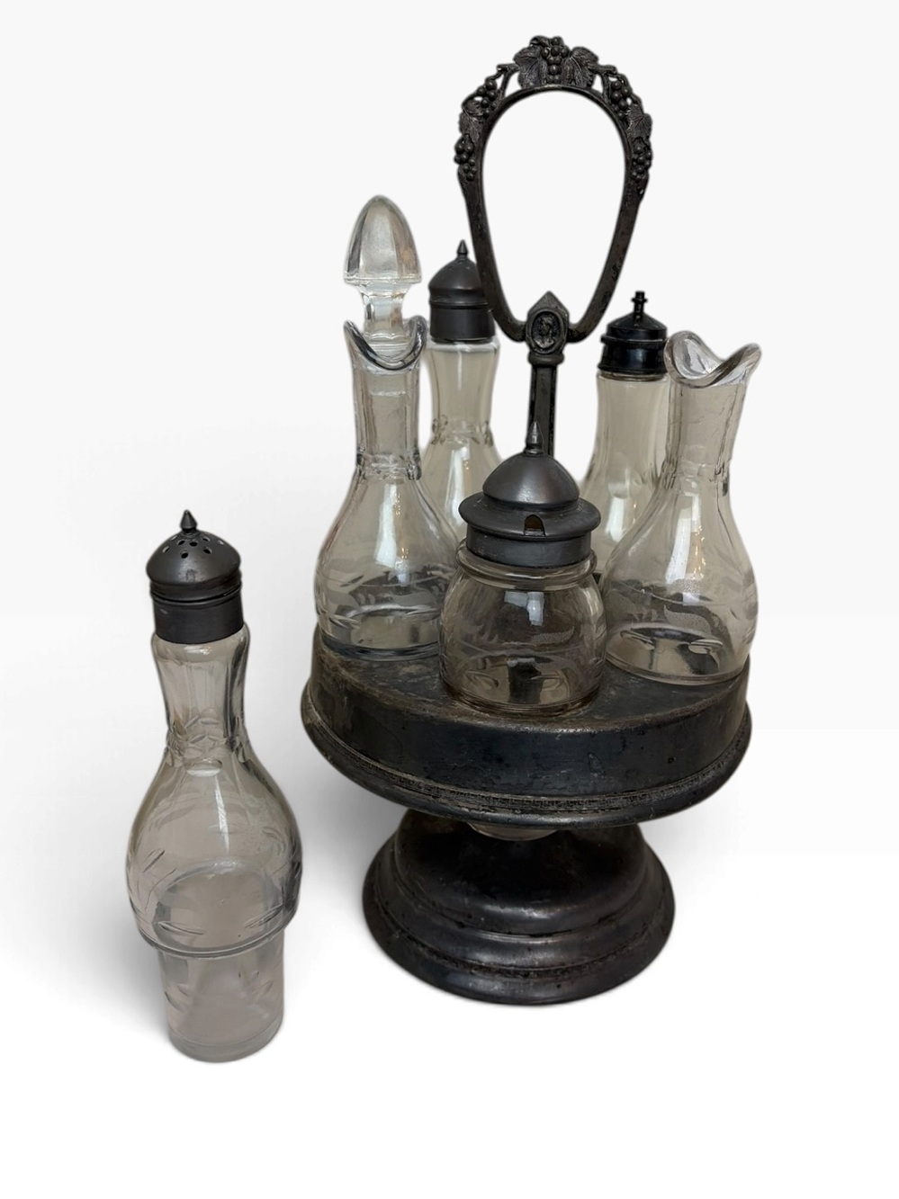 Antique Victorian Cruet Set with Stand, 5 Piece Glass Condiment Caddy, Vintage
